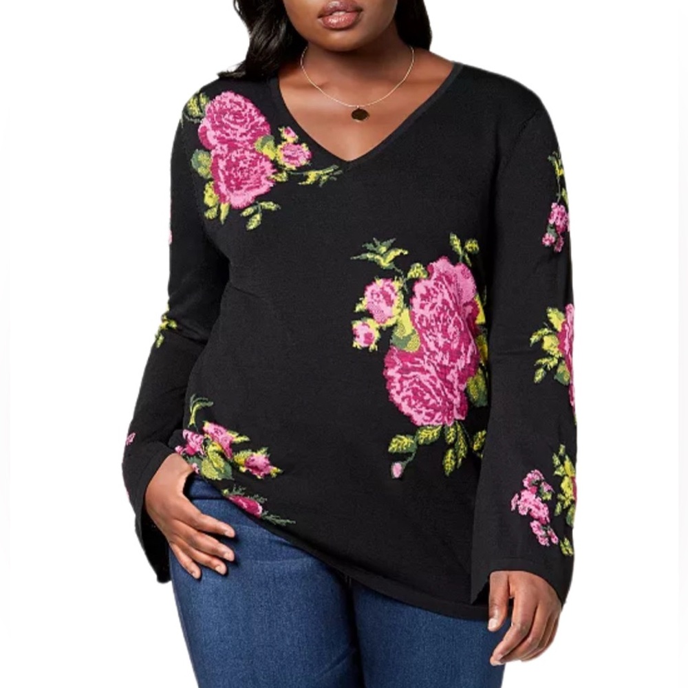 INC International Concepts Floral Jacquard V-Neck Bell Sleeve Sweater 2X
